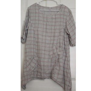 Cut Loose Linen Tunic dress Checks Patch Lagenlook Minimalist Beachy Summer M